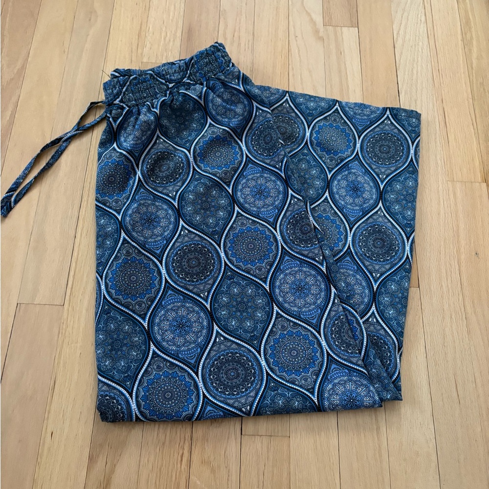Blue Patterned Drawstring Pants - image 1
